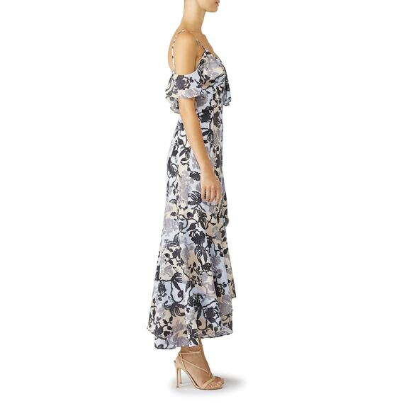ADEAM Floral Fiesta Maxi Dress Women's 4 Blue Black Ruffle V-Neck Asymmetric RTR - Picture 14 of 15
